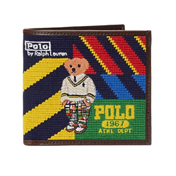Polo Ralph Lauren Bear Stripped Needlepoint Leather Wallet NWT - Picture 1 of 8